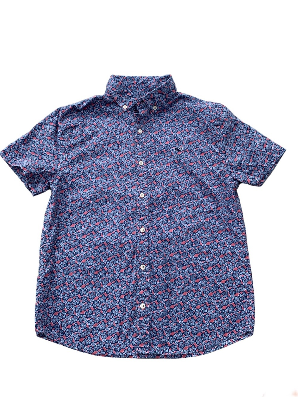 Vineyard Vines Size Medium 12-14 Blue Hawaiian Hibiscus Floral Button Up Shirt
